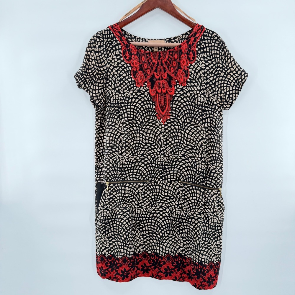 Kachel Silk Shift Mini Dress 4P Geometric Work Office Teacher Day Night Pockets
